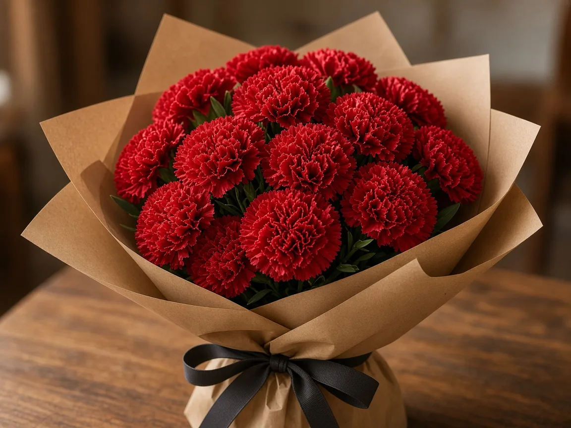 Simple gift bouquet of red carnations ready to deliver