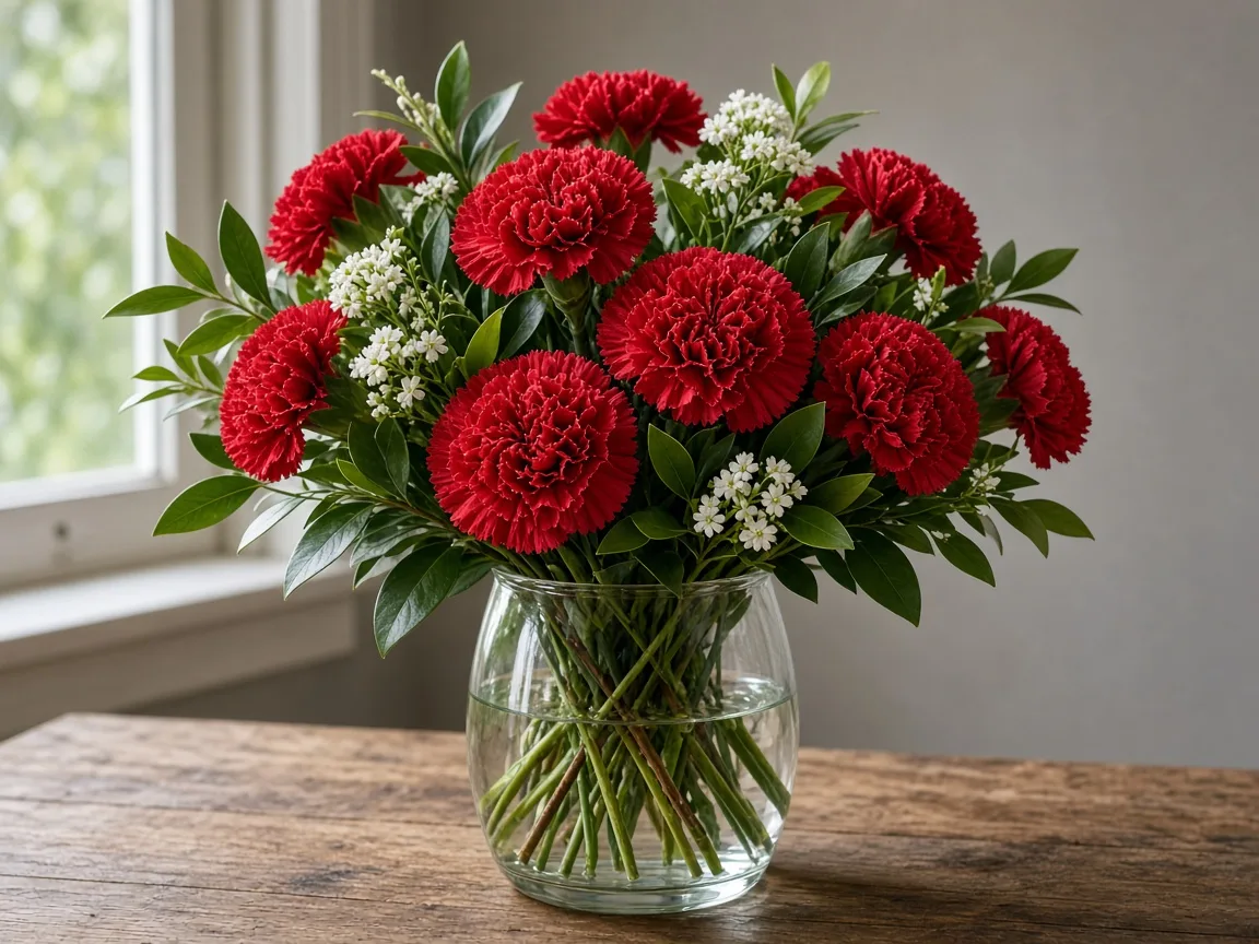 Arrangement of red carnations with greenery and white accents