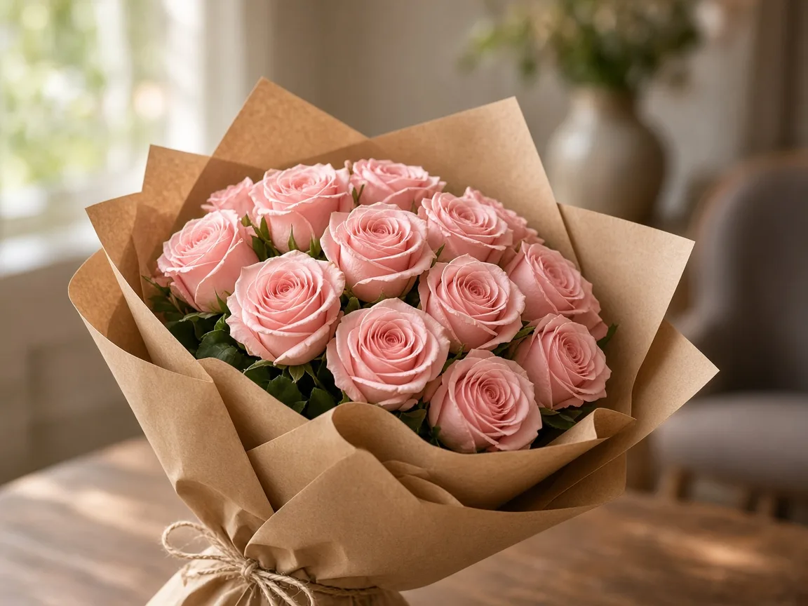 Dozen soft pink roses wrapped in kraft florist paper