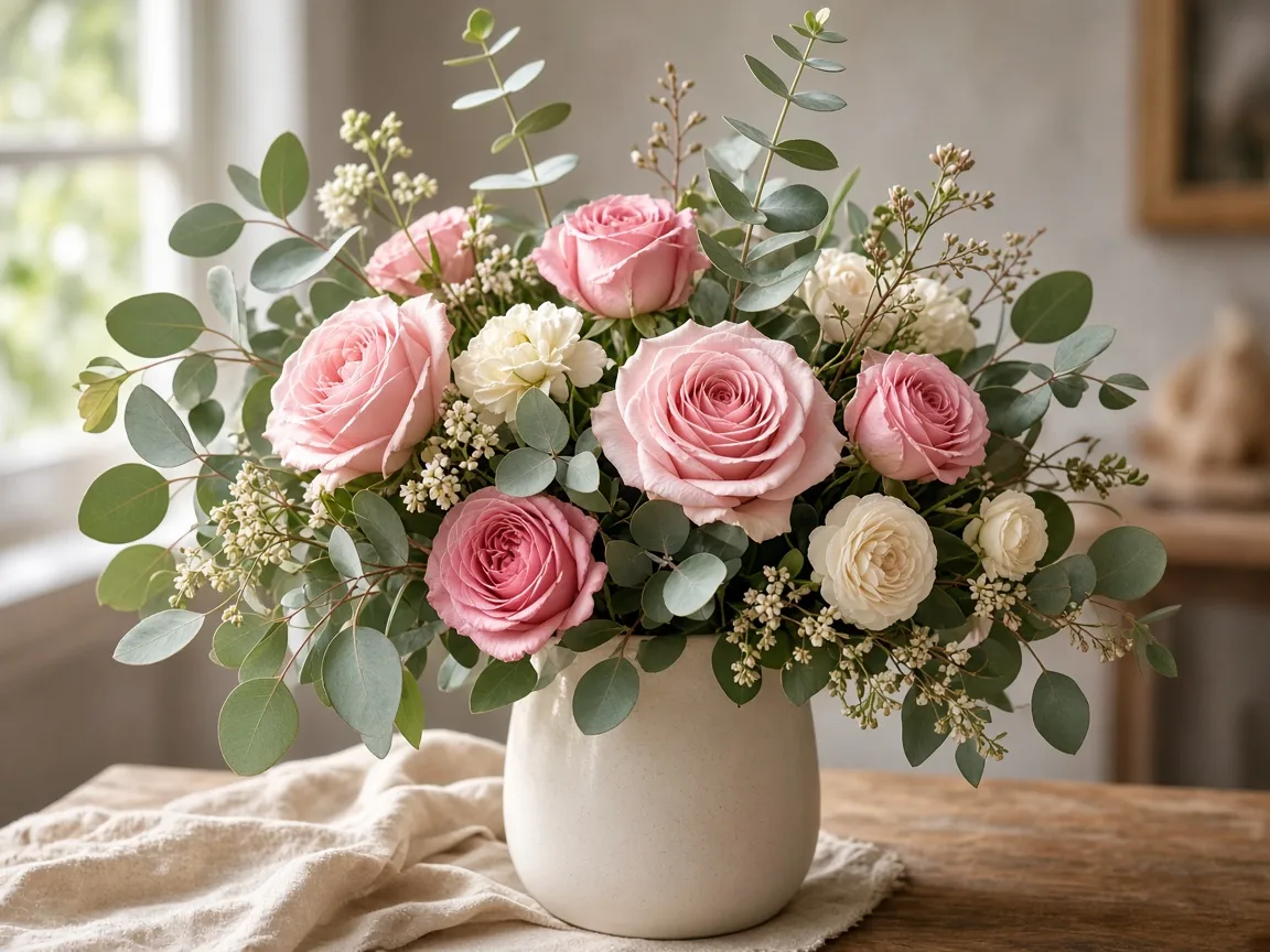 Mixed bouquet of pink roses with eucalyptus and cream accents