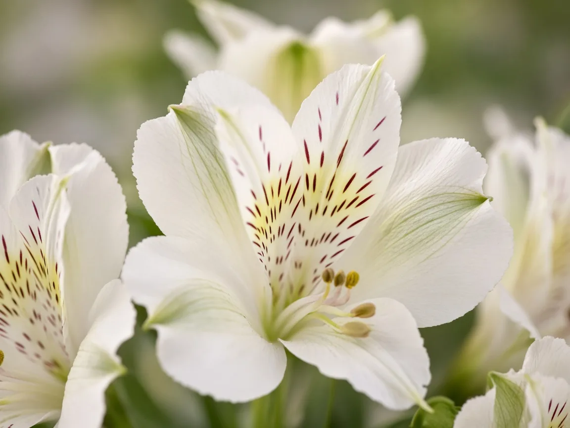 Close-up of white alstroemeria blooms with delicate speckled throats