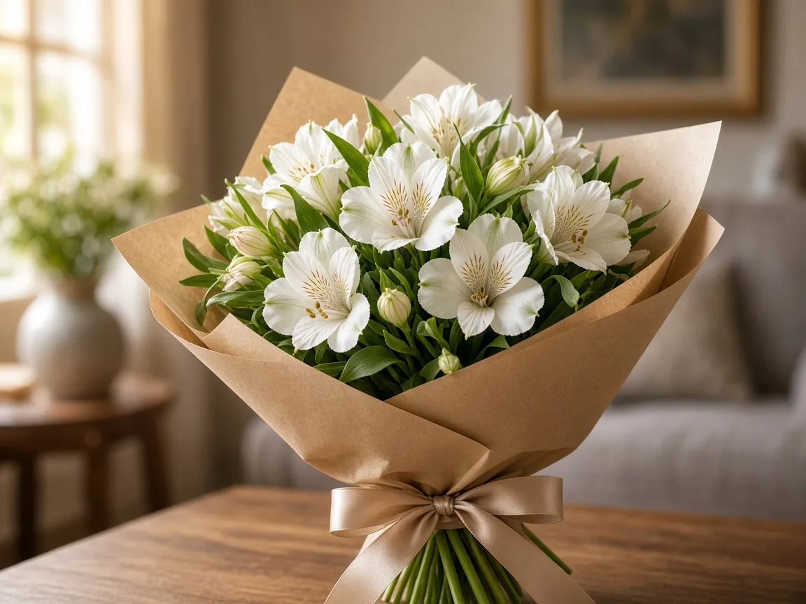 Gift-ready bouquet of white alstroemeria in kraft wrap