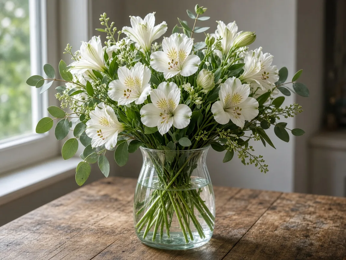 Arrangement of white alstroemeria with greenery in a vase