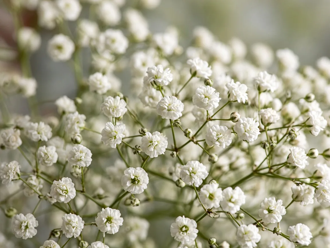 Close-up of white gypsophila clusters of tiny blooms