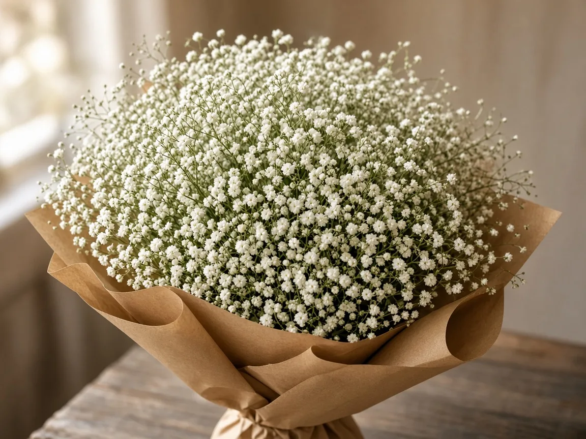 Cloud-like white baby's breath bouquet in kraft wrap