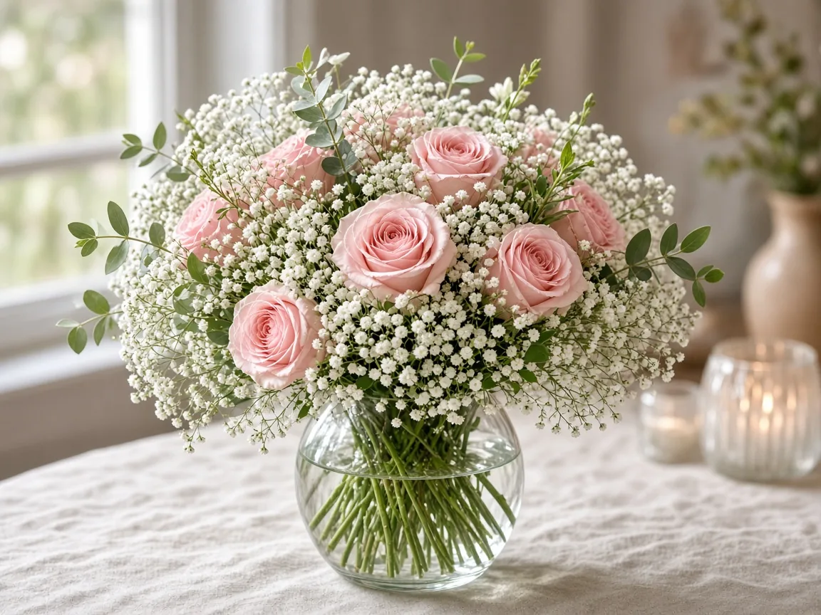 Mixed bouquet where gypsophila surrounds soft pink roses