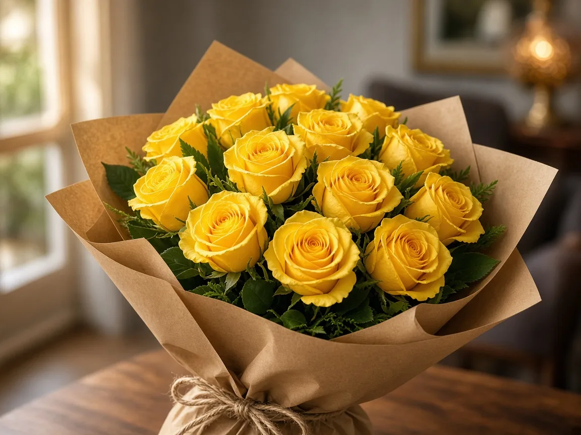 Dozen bright yellow roses wrapped in kraft florist paper