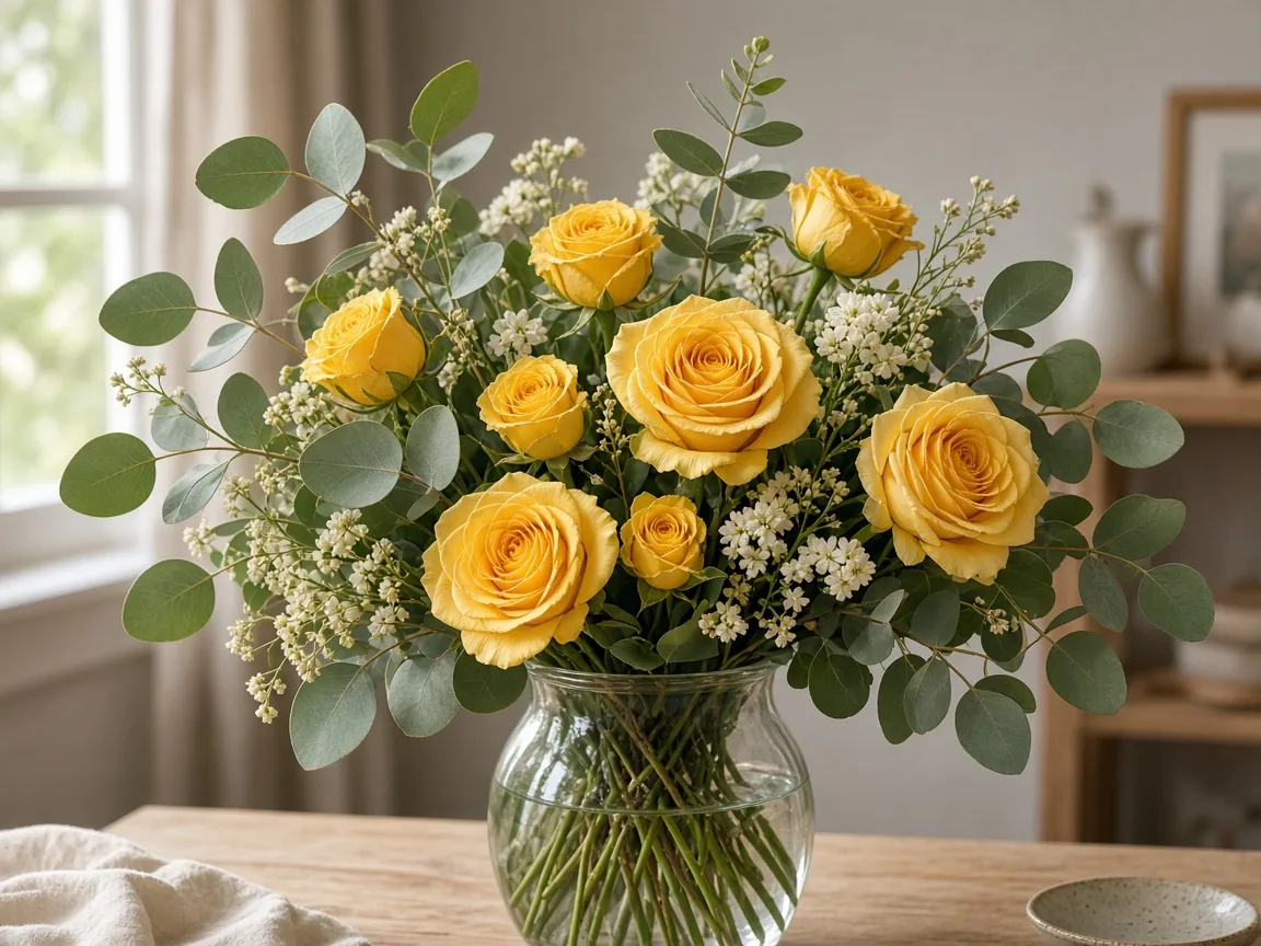 Mixed bouquet of yellow roses with eucalyptus and cream accents
