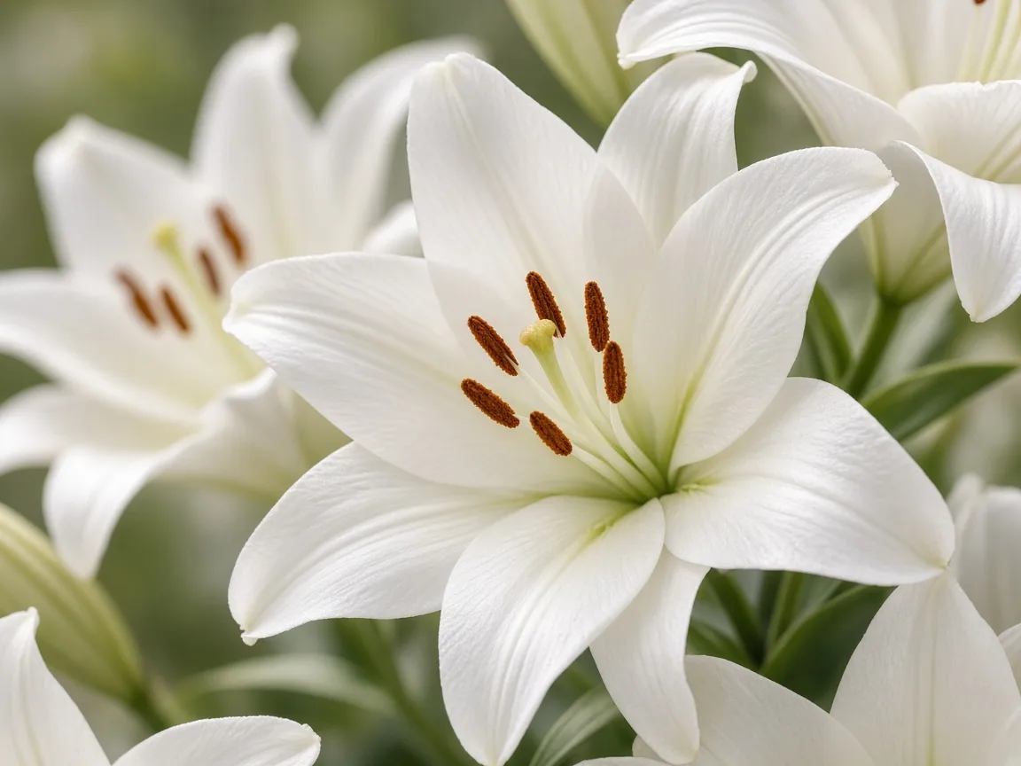 Close-up of white Asiatic lily blooms with star-shaped petals