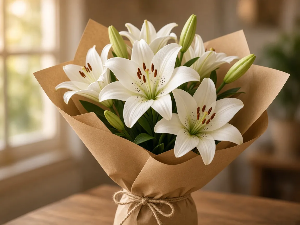 Gift-ready bouquet of white Asiatic lilies in kraft wrap