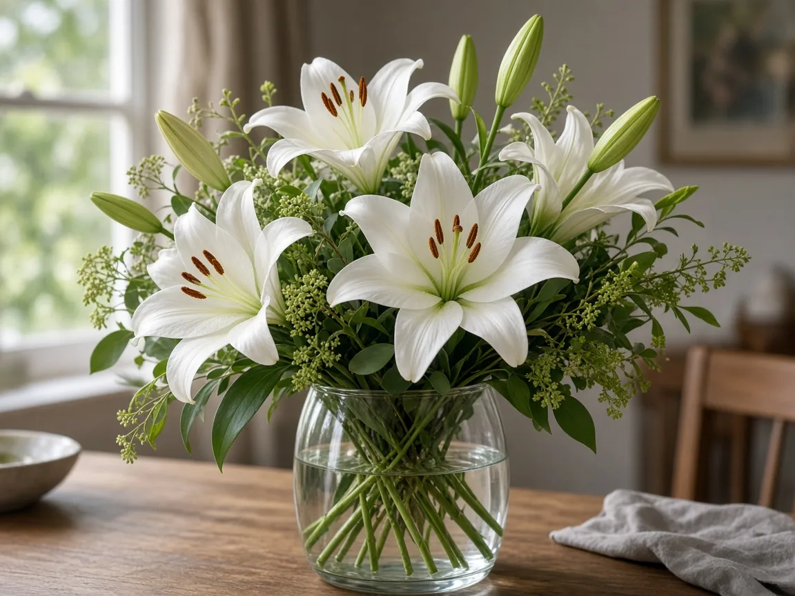 Mixed arrangement of white Asiatic lilies with greenery in a vase