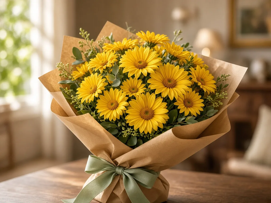 Gift-ready bouquet of yellow daisies in kraft wrap