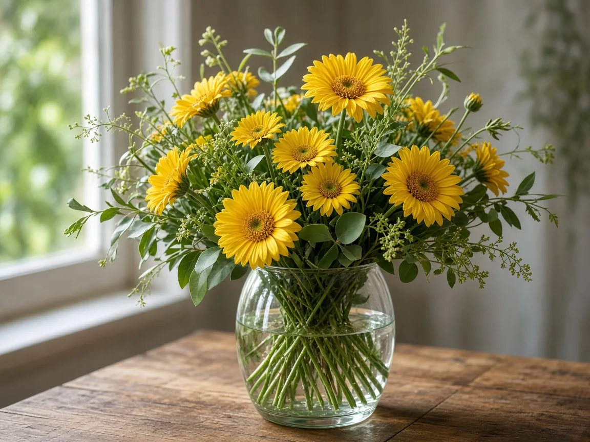 Mixed arrangement of yellow daisies with greenery in a vase