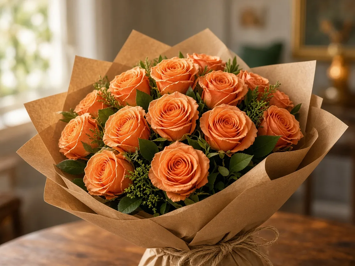 Dozen warm orange roses wrapped in kraft florist paper