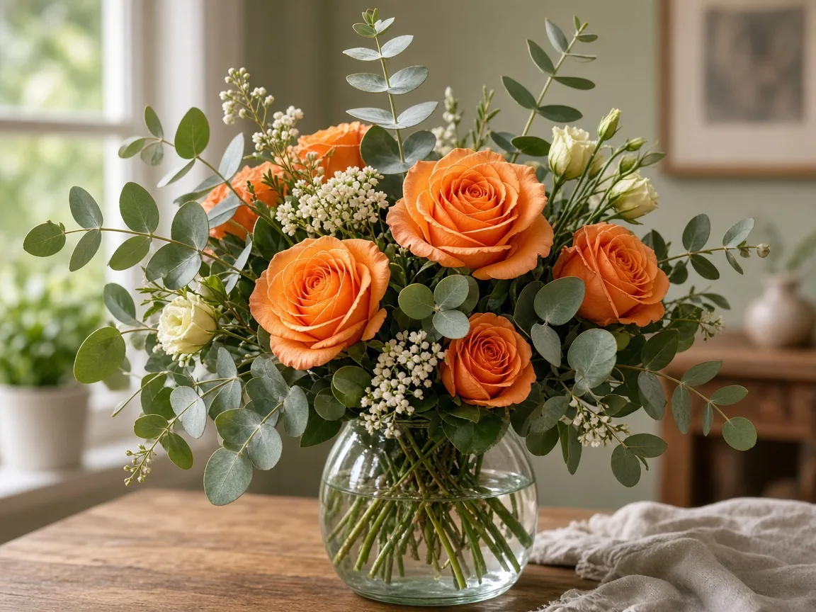 Mixed bouquet of orange roses with eucalyptus greenery