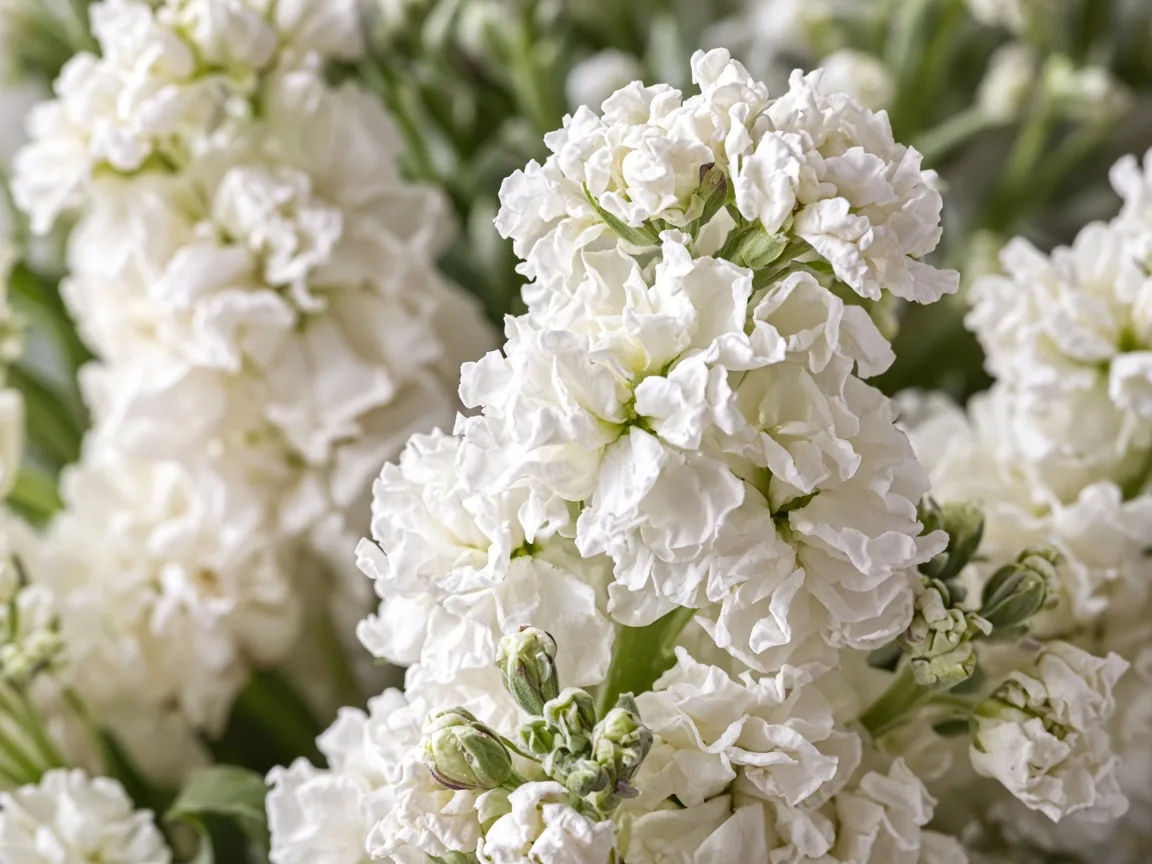 Close-up of a white stock spike with small ruffled florets