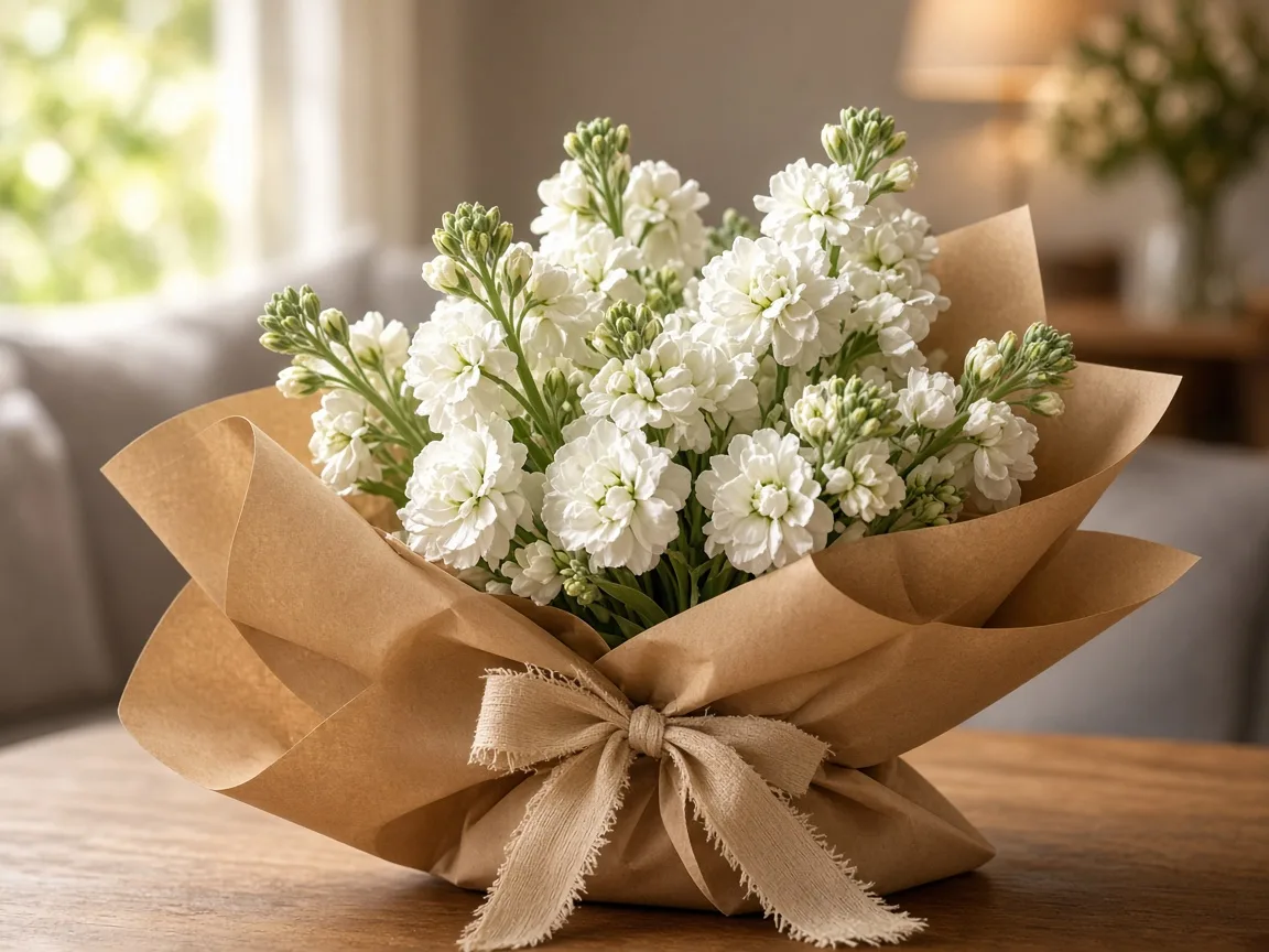 Gift-ready bouquet of white stock in kraft wrap with a natural ribbon