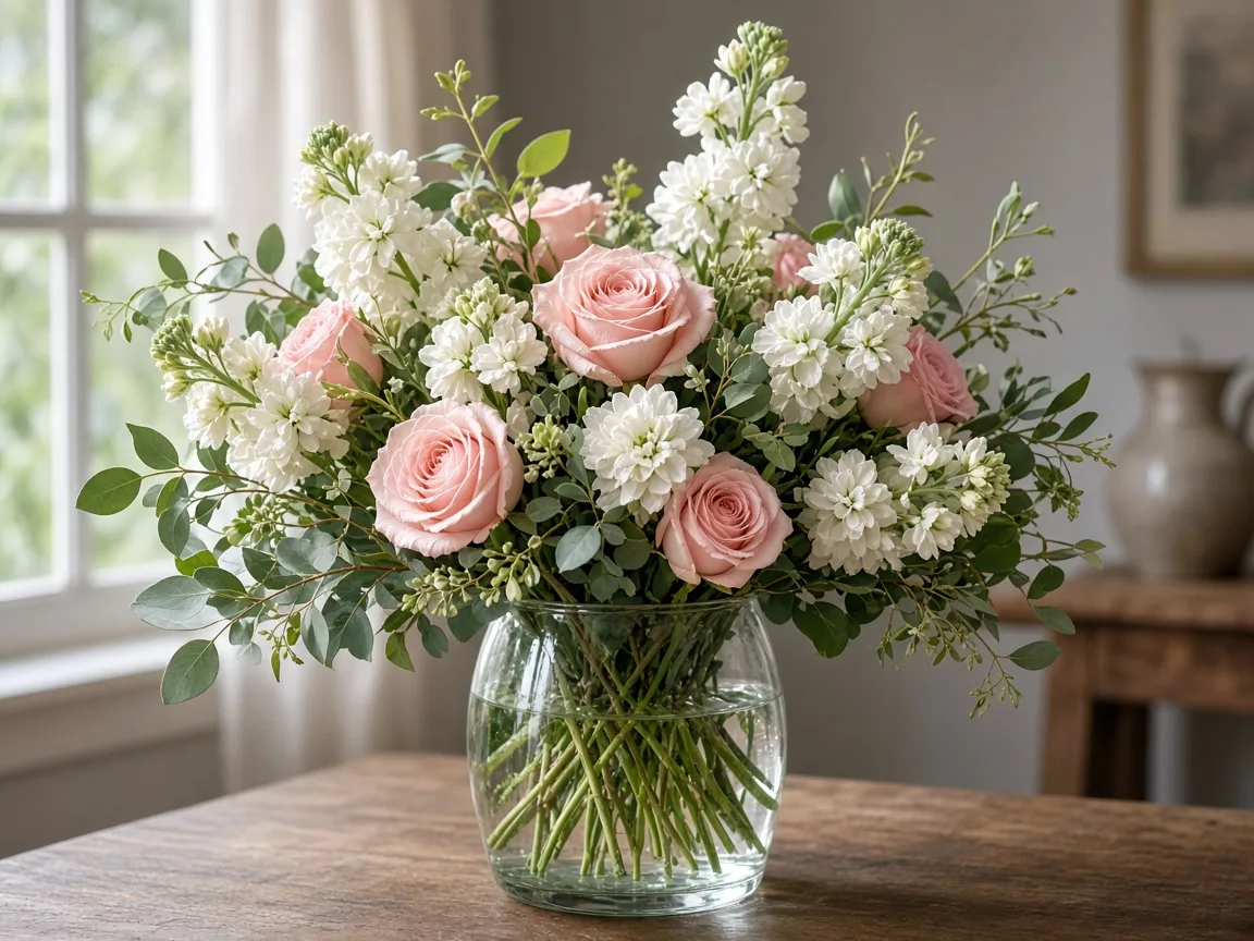 Arrangement of white stock with blush roses and greenery in a vase