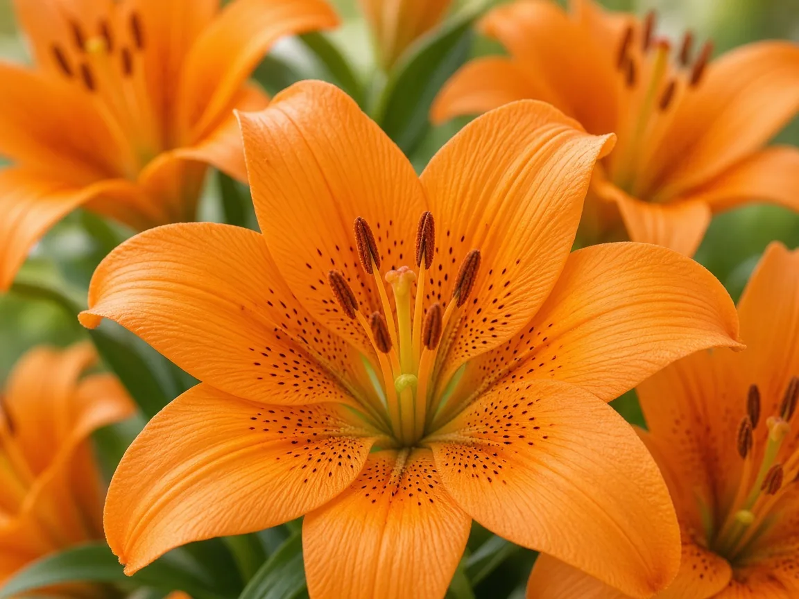 Close-up of orange Asiatic lilies with open star-shaped speckled petals
