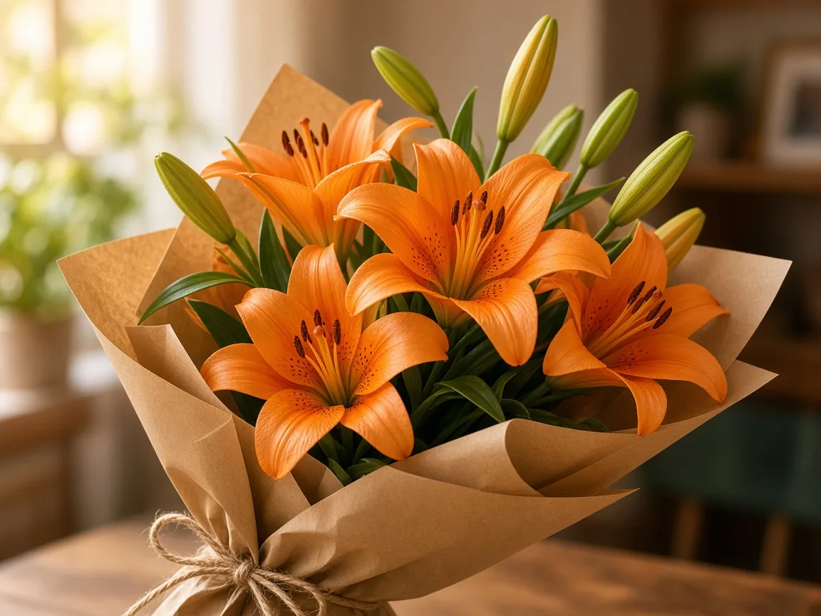Gift-ready bouquet of orange Asiatic lilies in kraft wrap