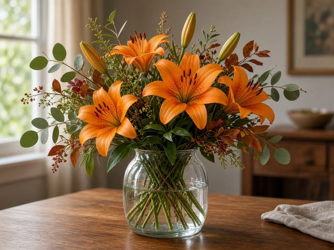 Autumn arrangement of orange Asiatic lilies with greenery in a vase