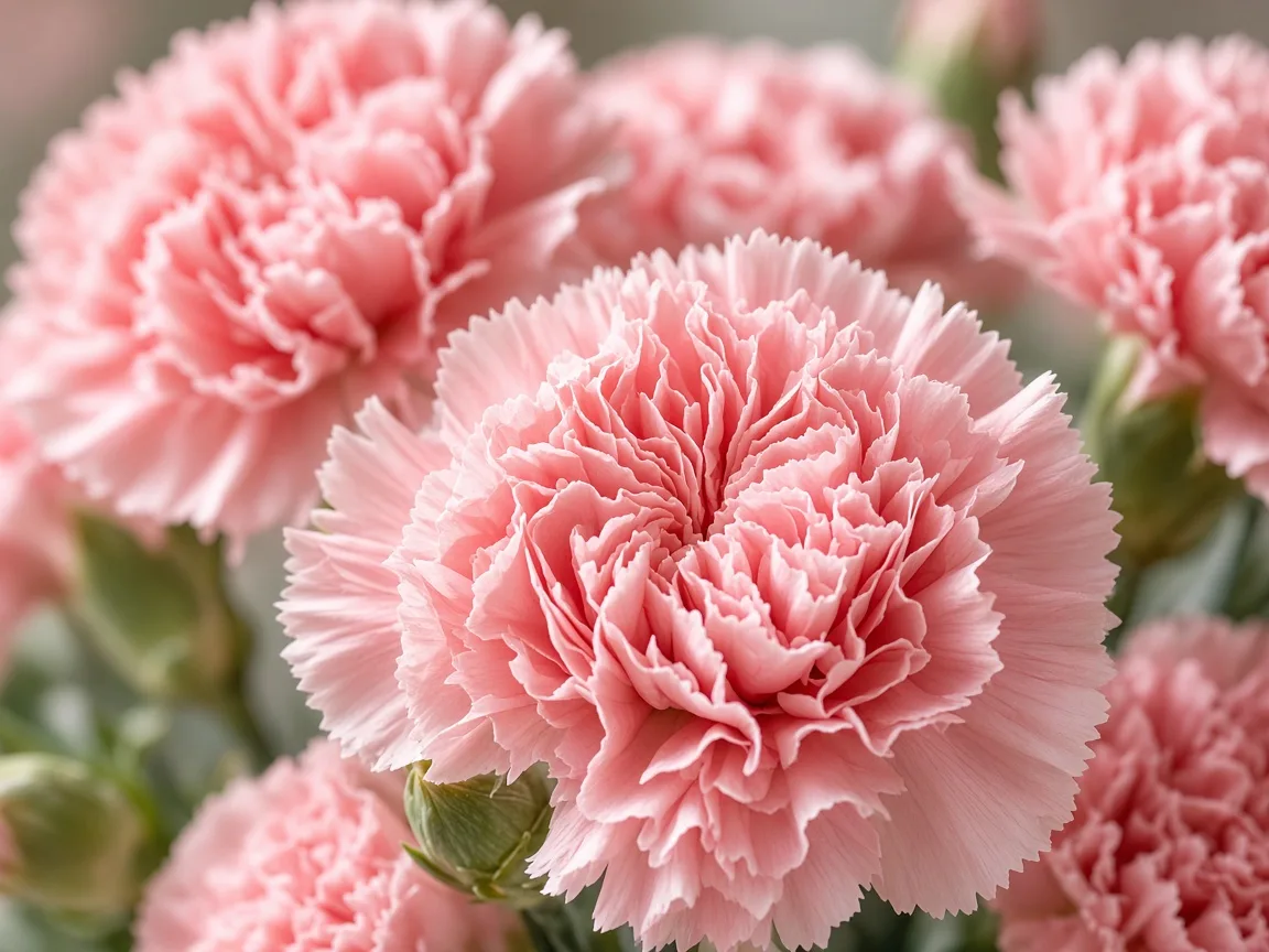 Close-up of pink carnations with ruffled, serrated petals
