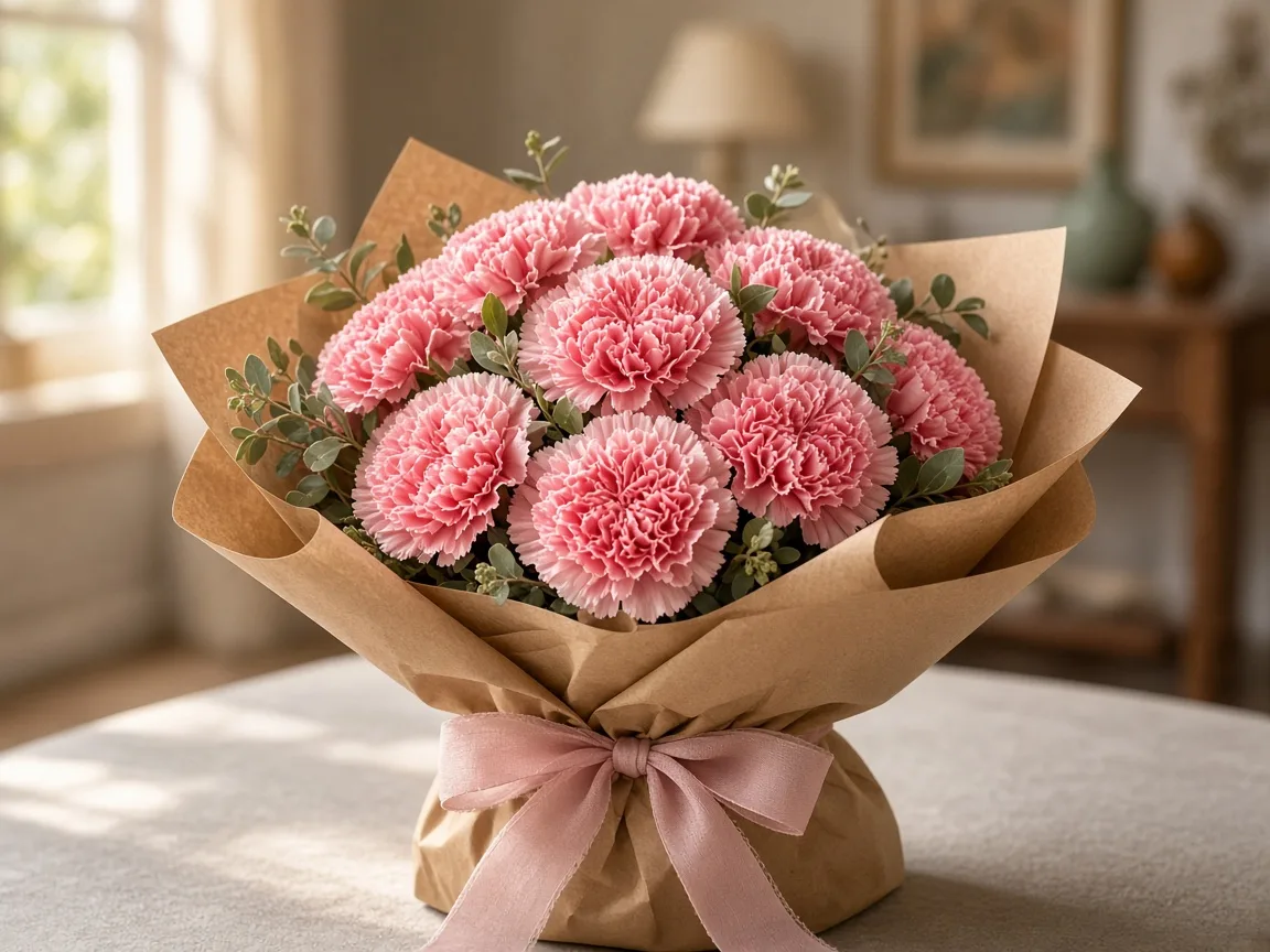 Gift-ready bouquet of pink carnations in kraft wrap with ribbon