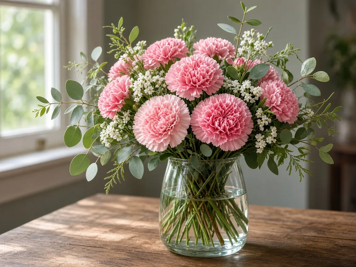 Arrangement of pink carnations with greenery in a glass vase