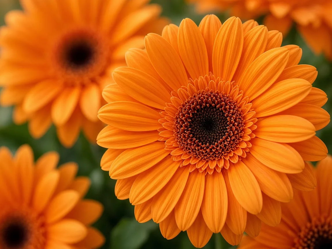 Close-up of orange gerbera daisies with large round heads and dark centres