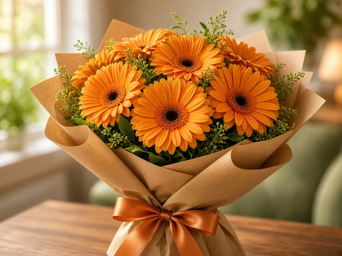 Bouquet of orange gerbera daisies in kraft wrap with ribbon