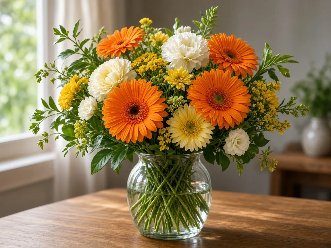 Cheerful arrangement of orange gerberas with yellow flowers and greenery in a vase