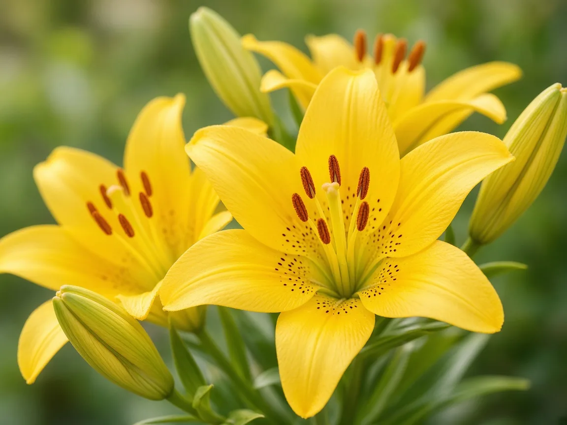 Close-up of upward-facing yellow asiatic lilies with star-shaped petals