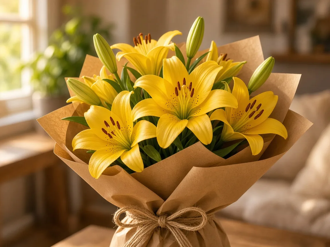 Bouquet of yellow asiatic lilies with buds in kraft wrap