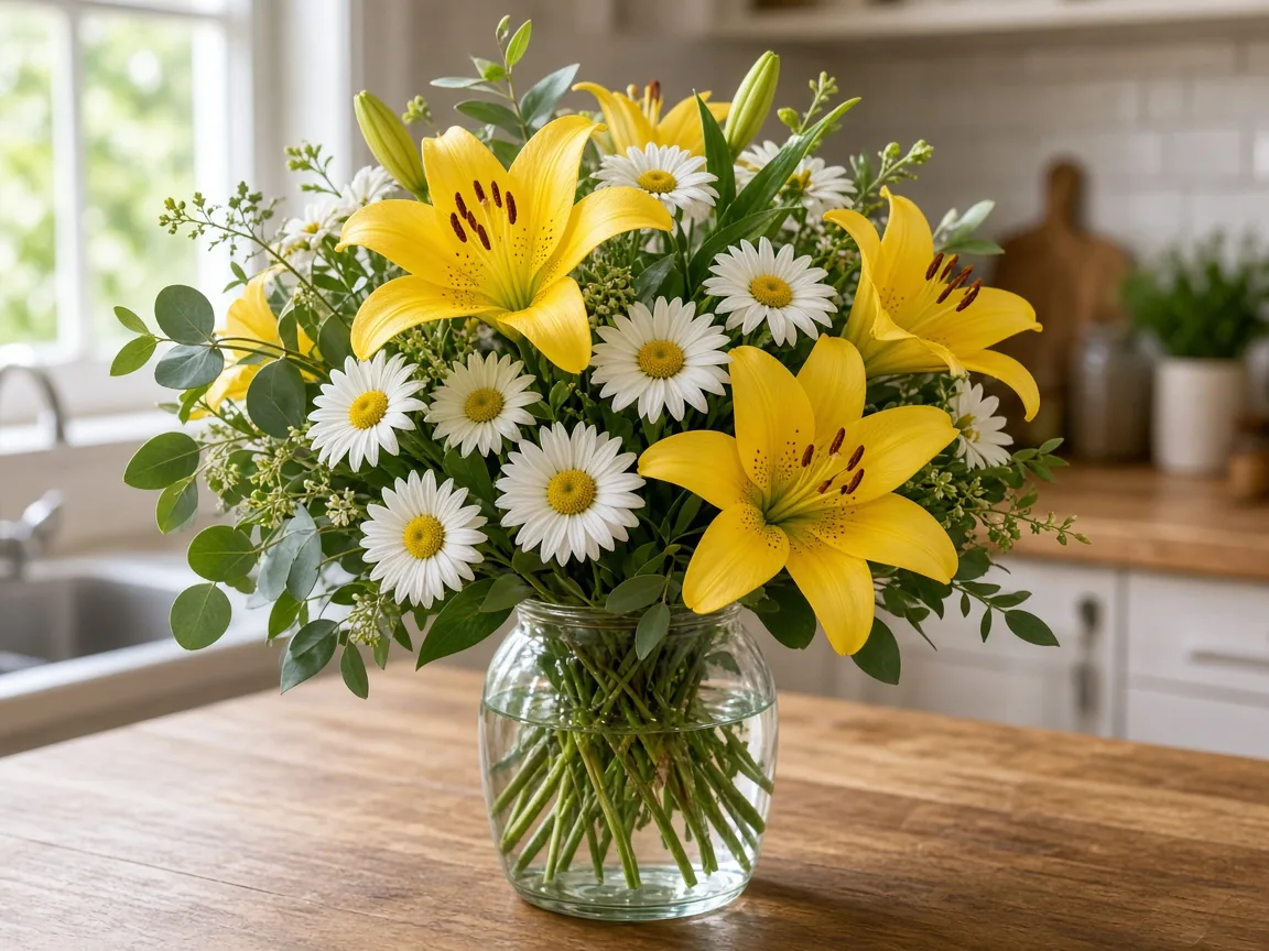 Arrangement of yellow asiatic lilies with white daisies and greenery in a vase