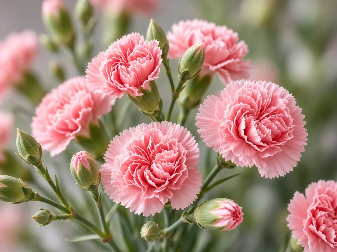 Close-up of pink mini carnations with several small ruffled blooms per stem