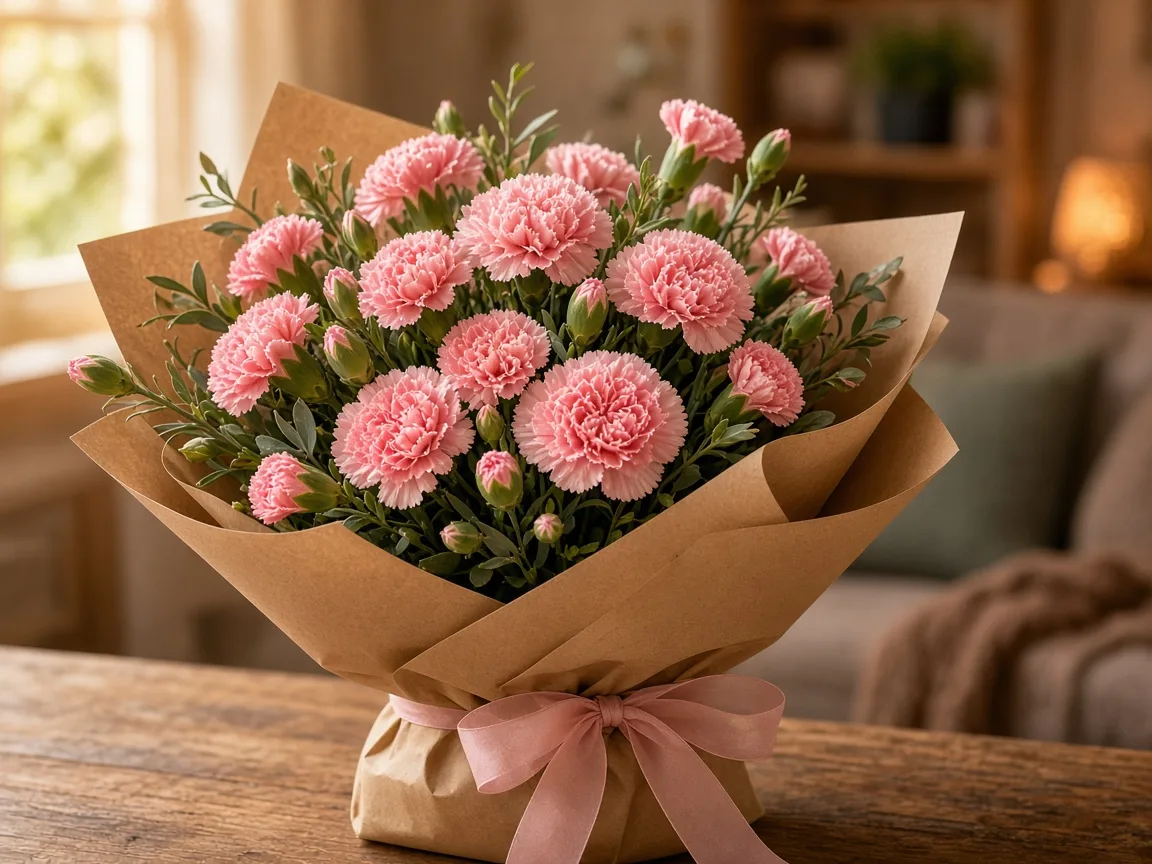 Garden-style bouquet of pink mini carnations in kraft wrap with ribbon