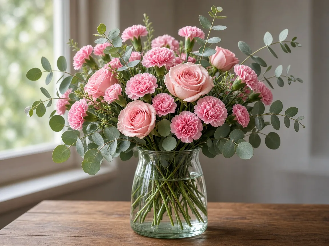 Arrangement of pink mini carnations with pale roses and eucalyptus in a vase