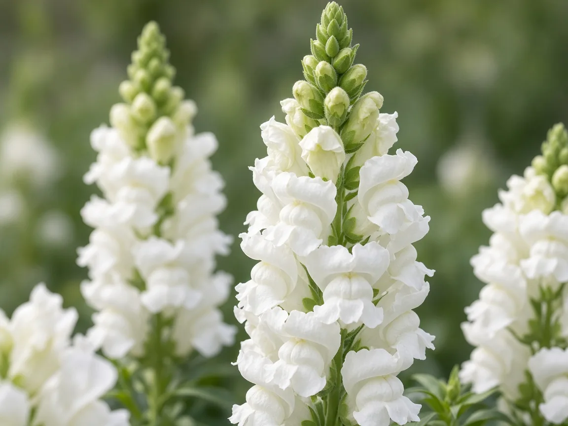 Close-up of white snapdragon spikes with open blooms at the base and green buds at the tip