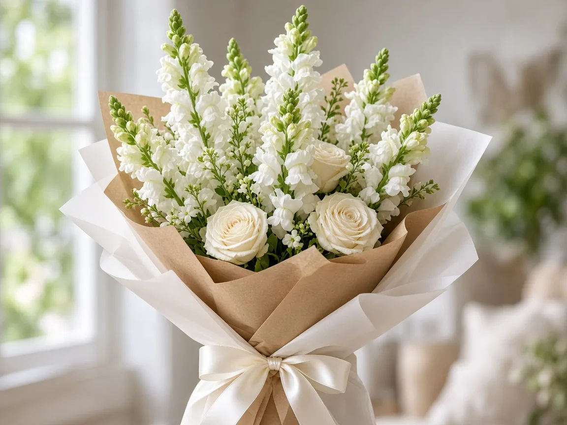Tall bouquet of white snapdragons and white roses wrapped with a satin ribbon