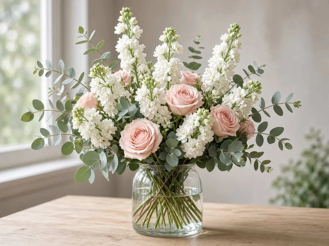Airy arrangement of white snapdragons with pale pink roses, stock, and eucalyptus in a vase