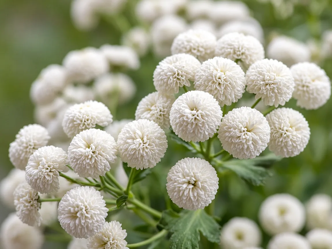 Close-up of white pompons, small round full blooms on branching stems