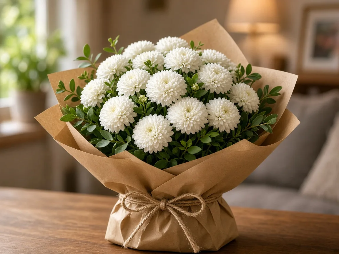 Round bouquet of white pompons and greenery wrapped in kraft with twine