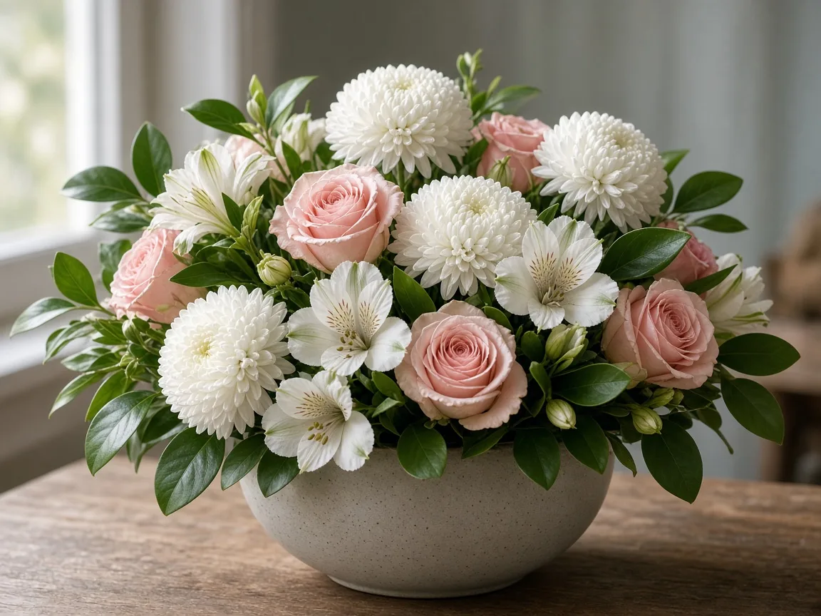 Low arrangement of white pompons with pale pink roses, white alstroemeria, and salal