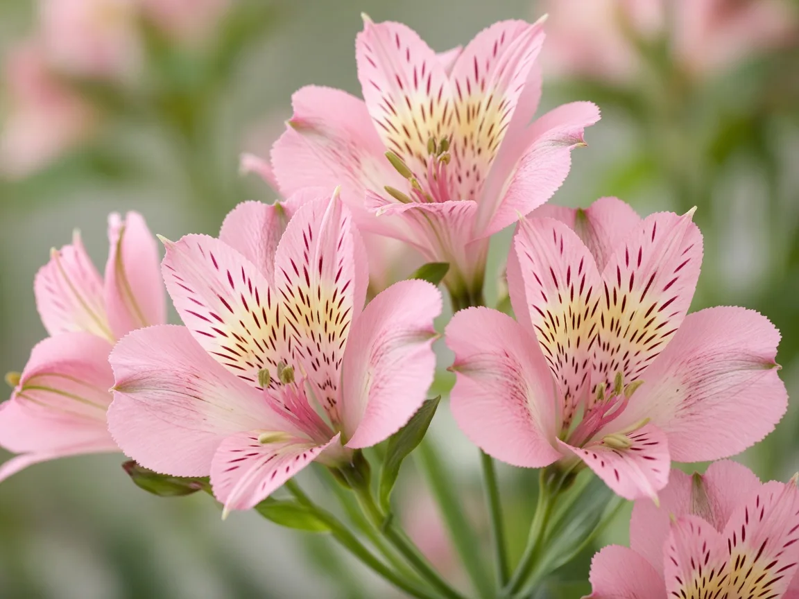 Close-up of pink alstroemeria trumpet blooms with freckled throats