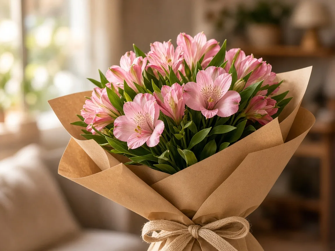 Gift bouquet of pink alstroemeria wrapped in kraft paper with a natural ribbon