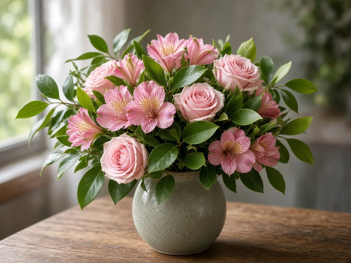 Arrangement of pink alstroemeria with pale roses and salal in a vase
