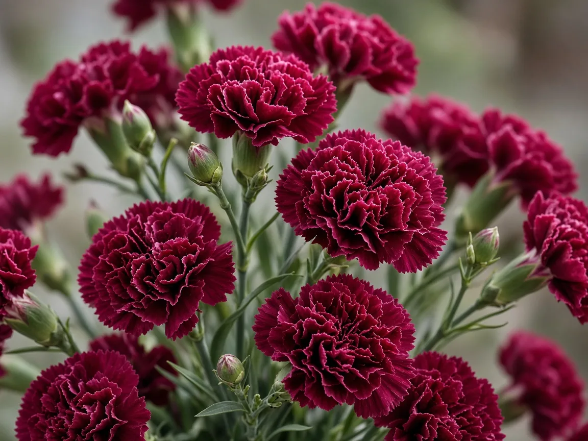 Close-up of burgundy mini carnations, small ruffled wine-red blooms on branched stems