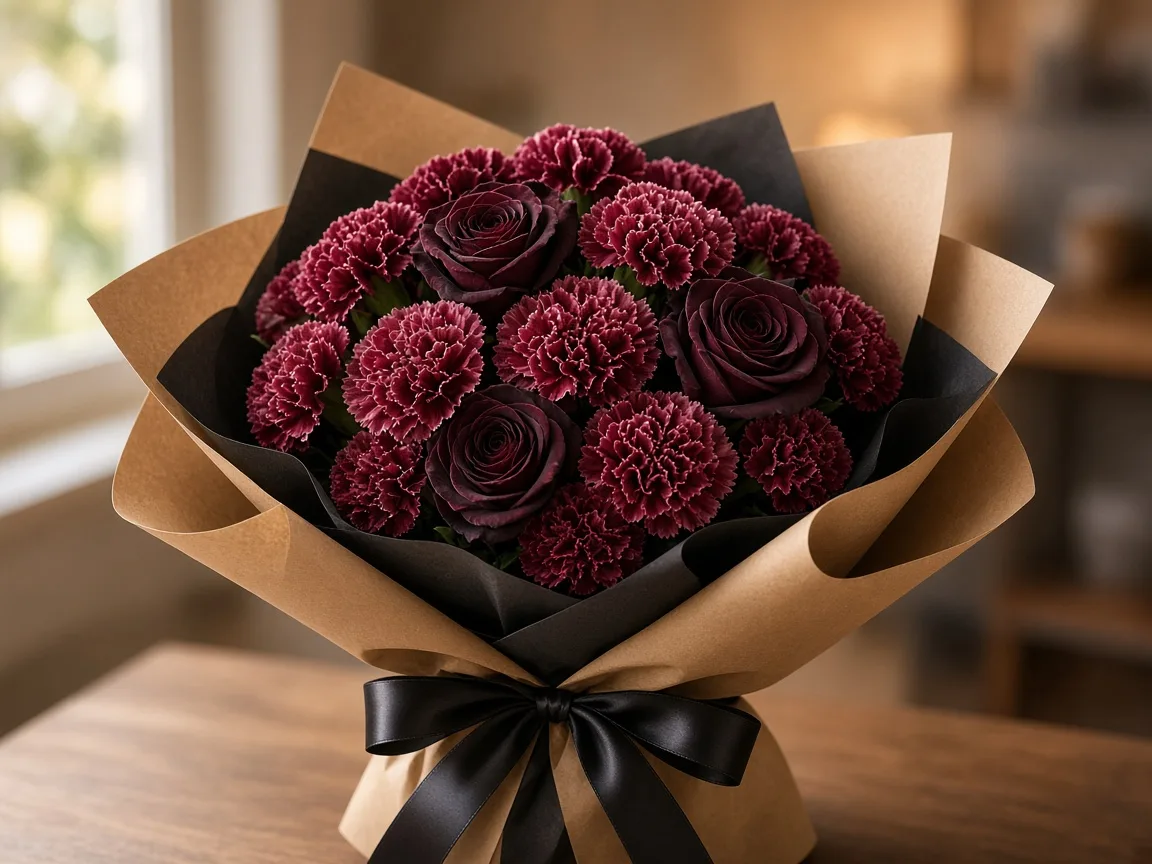 Gift bouquet of burgundy mini carnations and dark roses with a satin ribbon