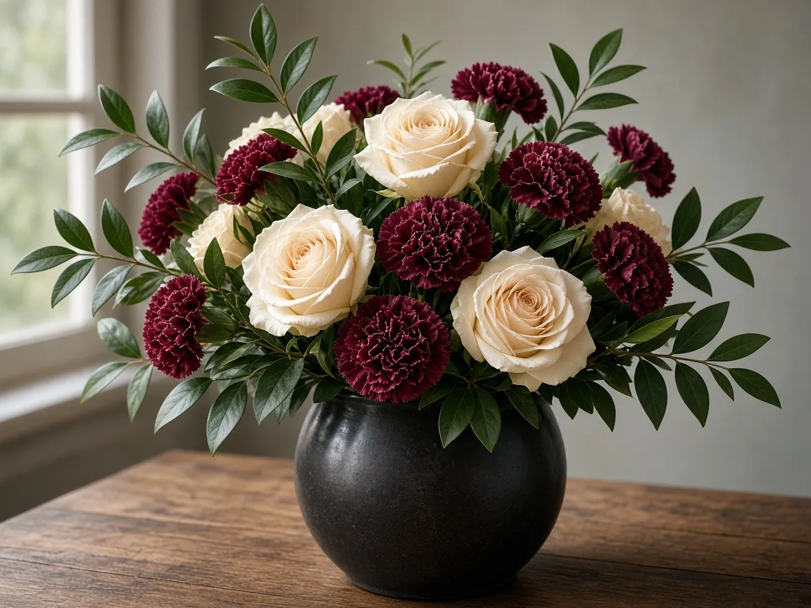 Arrangement of burgundy mini carnations with cream roses and ruscus in a vase