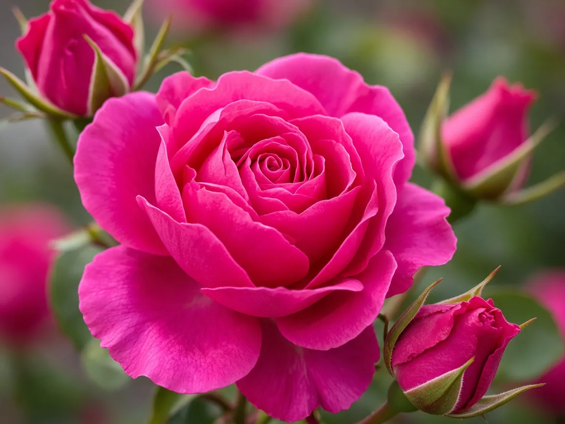 Close-up of hot pink fuchsia roses with saturated magenta-pink petals, open bloom and buds